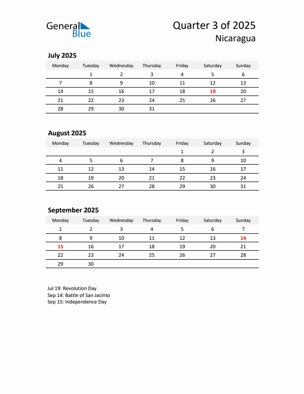 2025 Q3 Three-Month Calendar for Nicaragua