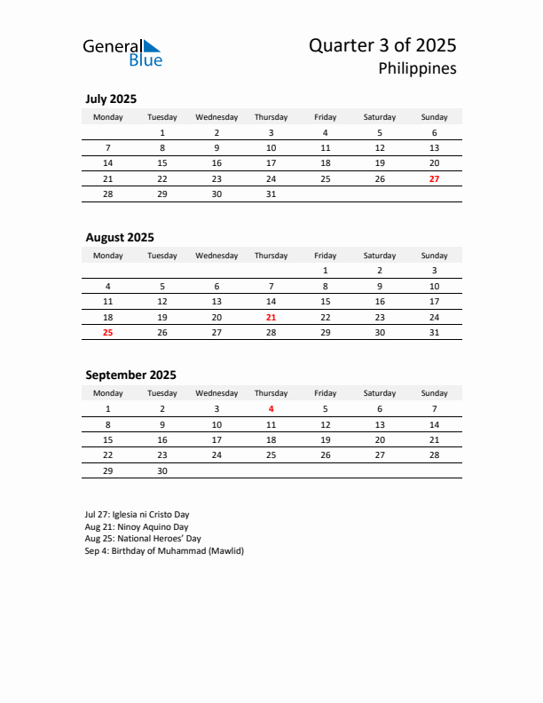 2025 Q3 Three-Month Calendar for Philippines