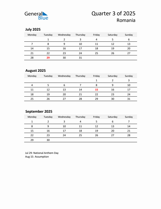 2025 Q3 Three-Month Calendar for Romania