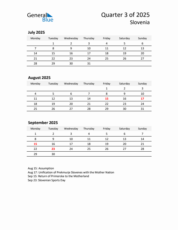 2025 Q3 Three-Month Calendar for Slovenia