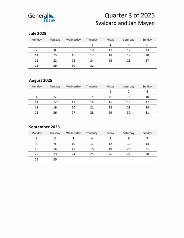 2025 Q3 Three-Month Calendar for Svalbard and Jan Mayen