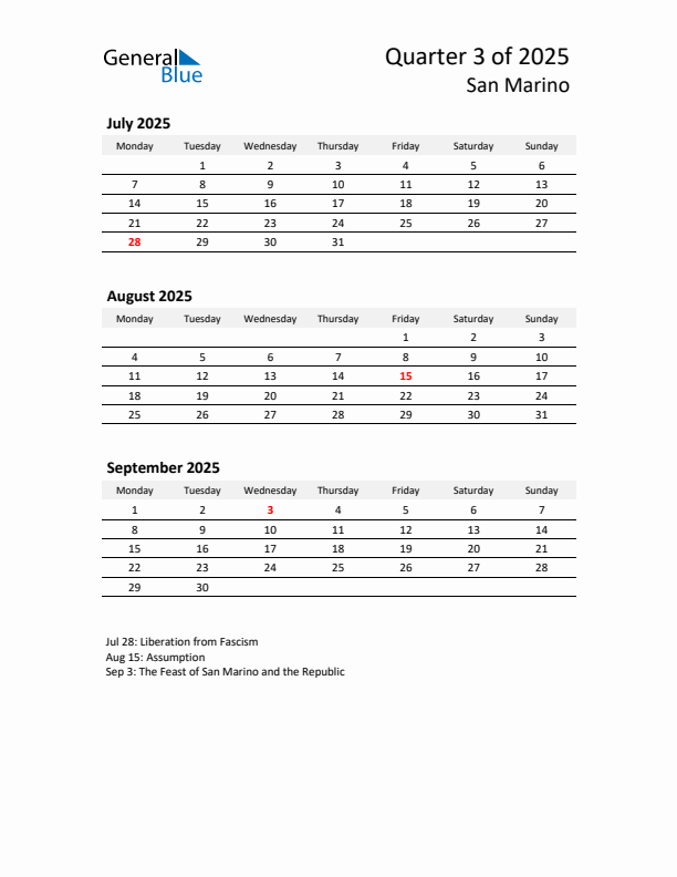 2025 Q3 Three-Month Calendar for San Marino