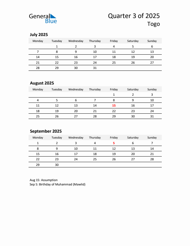 2025 Q3 Three-Month Calendar for Togo