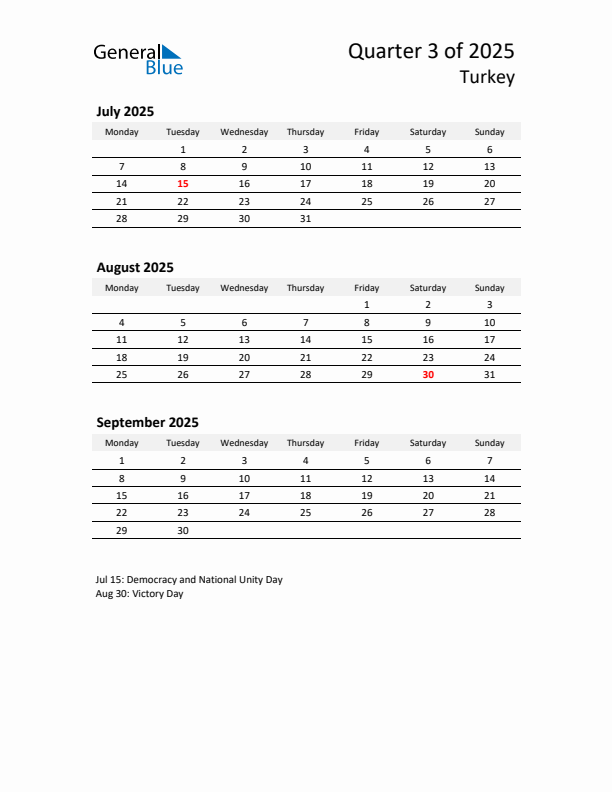 2025 Q3 Three-Month Calendar for Turkey