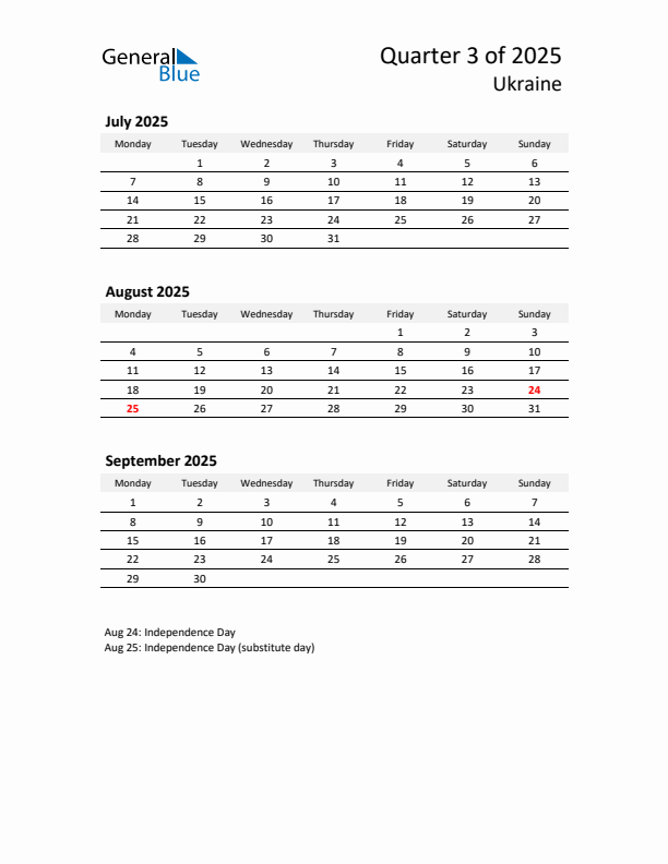 2025 Q3 Three-Month Calendar for Ukraine