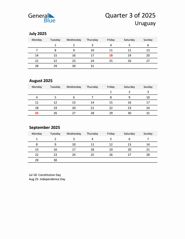 2025 Q3 Three-Month Calendar for Uruguay