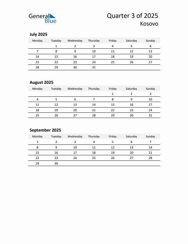 2025 Q3 Three-Month Calendar for Kosovo