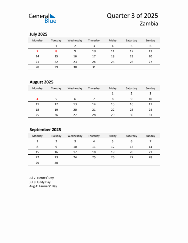 2025 Q3 Three-Month Calendar for Zambia