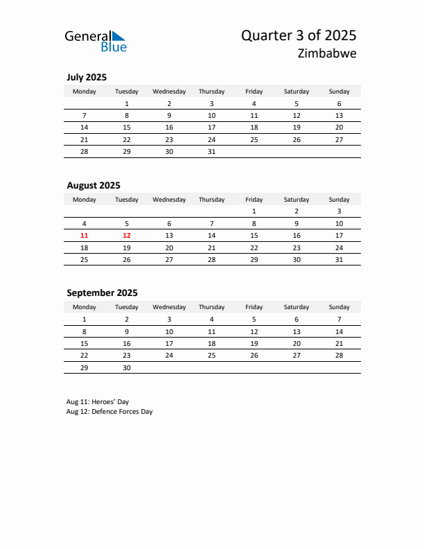 2025 Q3 Three-Month Calendar for Zimbabwe