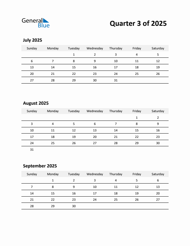 2025 Three-Month Calendar (Quarter 3)