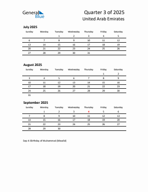 United Arab Emirates Quarter 3 2025 calendar template