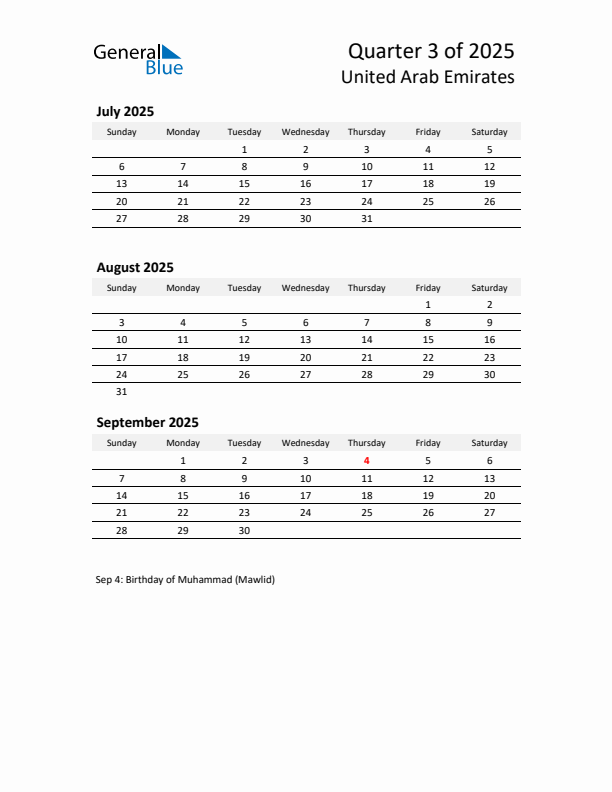 2025 Q3 Three-Month Calendar for United Arab Emirates