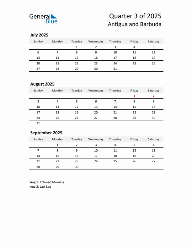 2025 Q3 Three-Month Calendar for Antigua and Barbuda