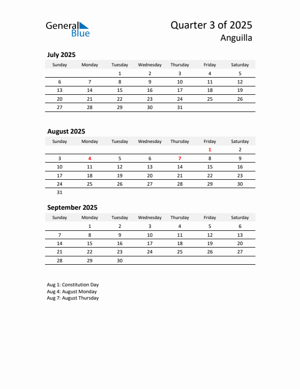 2025 Q3 Three-Month Calendar for Anguilla