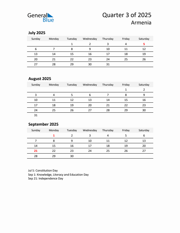 2025 Q3 Three-Month Calendar for Armenia