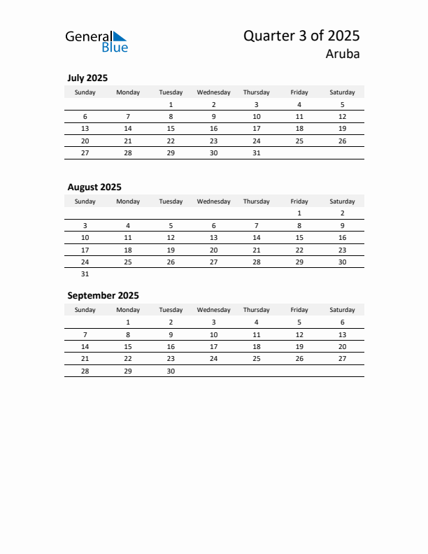 2025 Q3 Three-Month Calendar for Aruba