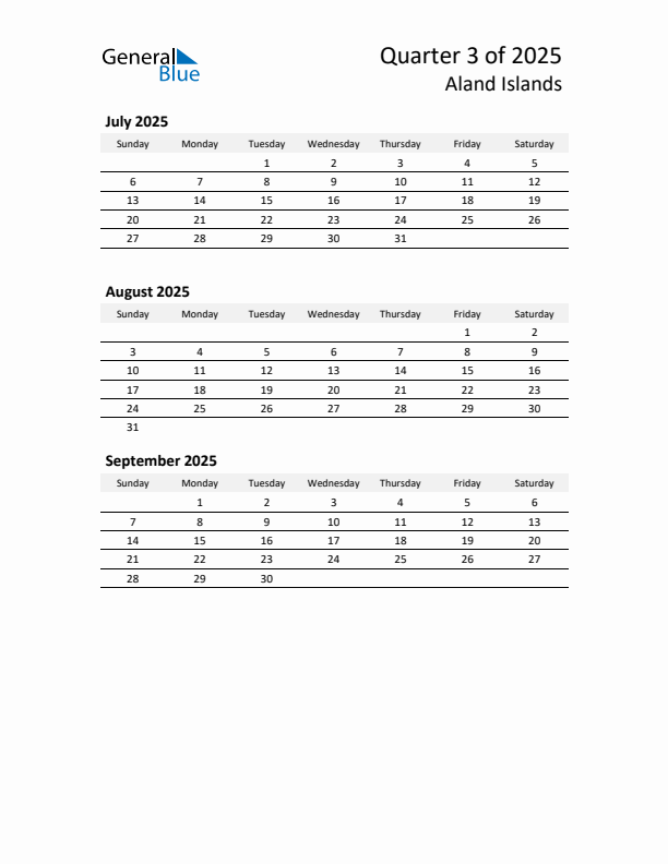 2025 Q3 Three-Month Calendar for Aland Islands