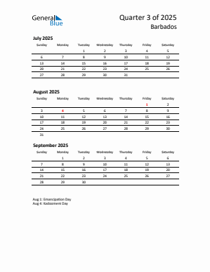 Barbados Quarter 3 2025 calendar template