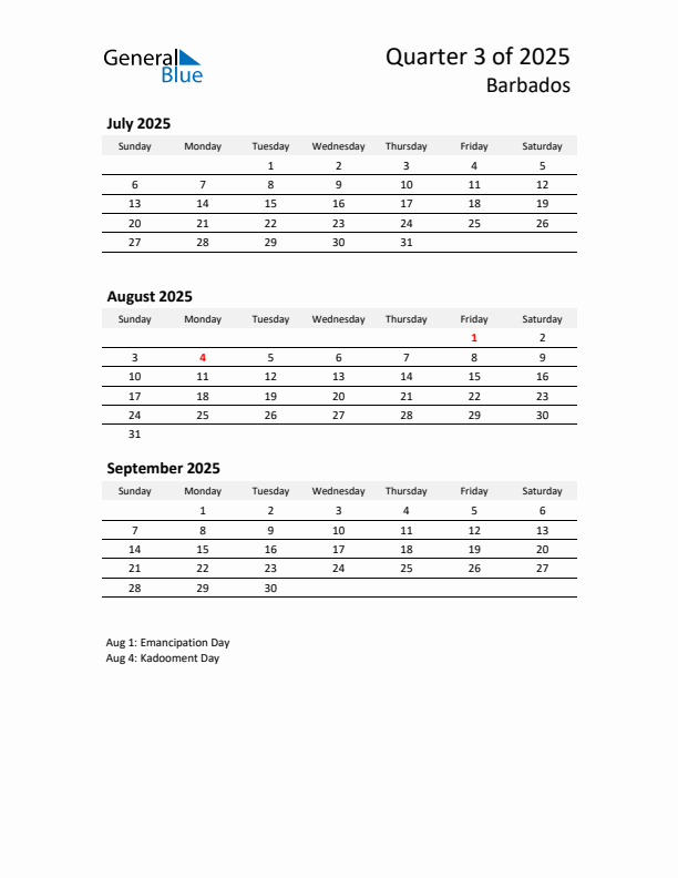 2025 Q3 Three-Month Calendar for Barbados