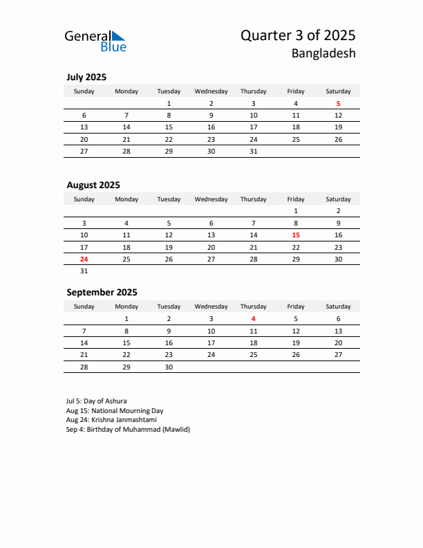 2025 Q3 Three-Month Calendar for Bangladesh