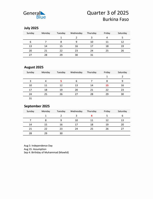 2025 Q3 Three-Month Calendar for Burkina Faso