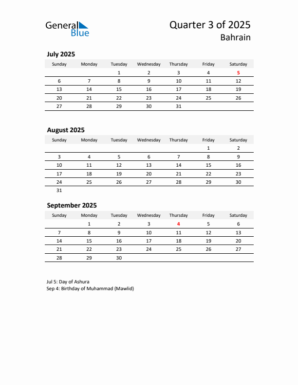 2025 Q3 Three-Month Calendar for Bahrain