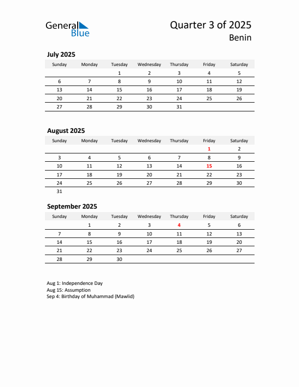 2025 Q3 Three-Month Calendar for Benin