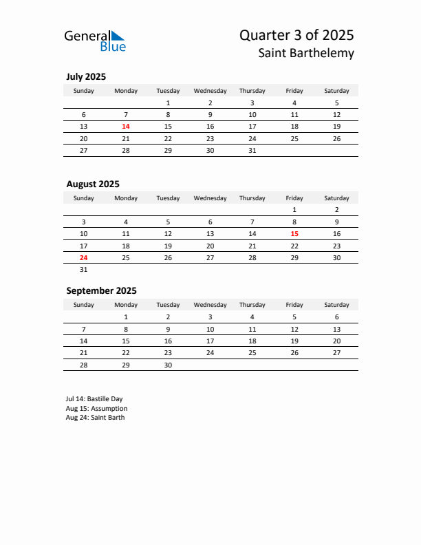 2025 Q3 Three-Month Calendar for Saint Barthelemy