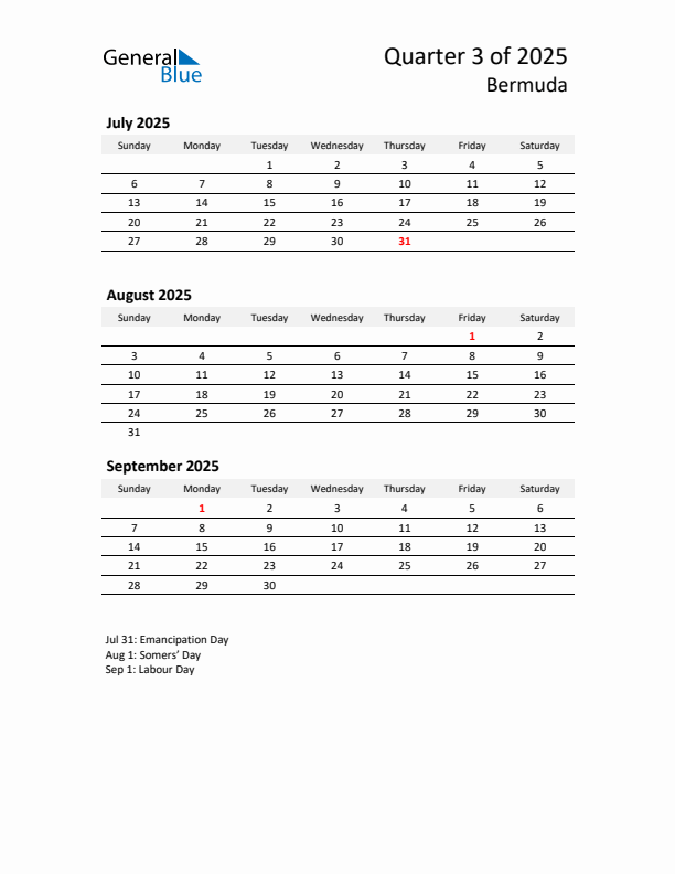 2025 Q3 Three-Month Calendar for Bermuda