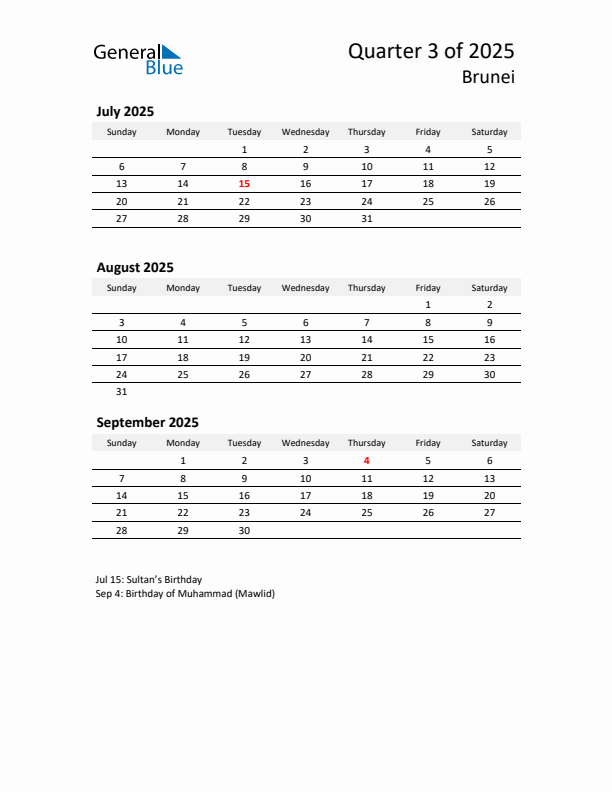 2025 Q3 Three-Month Calendar for Brunei