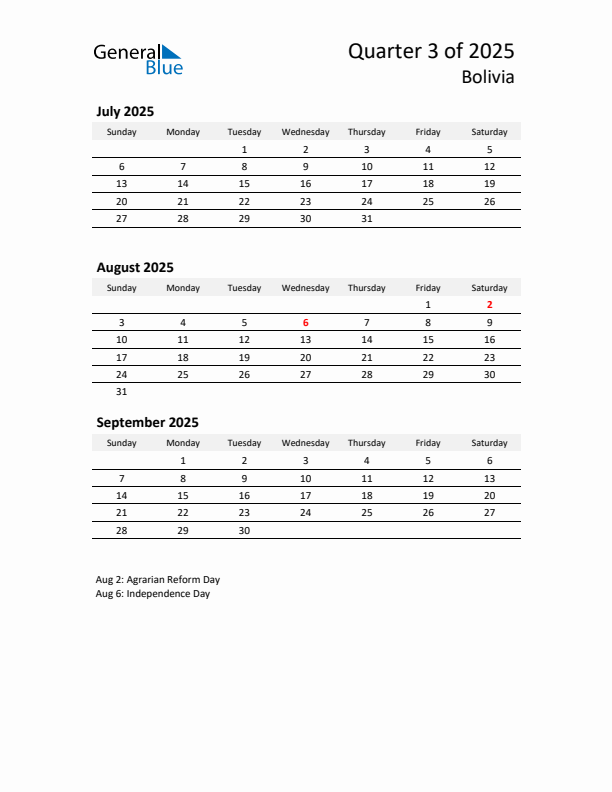 2025 Q3 Three-Month Calendar for Bolivia