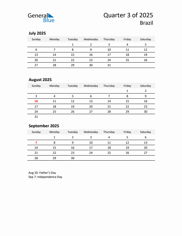 2025 Q3 Three-Month Calendar for Brazil