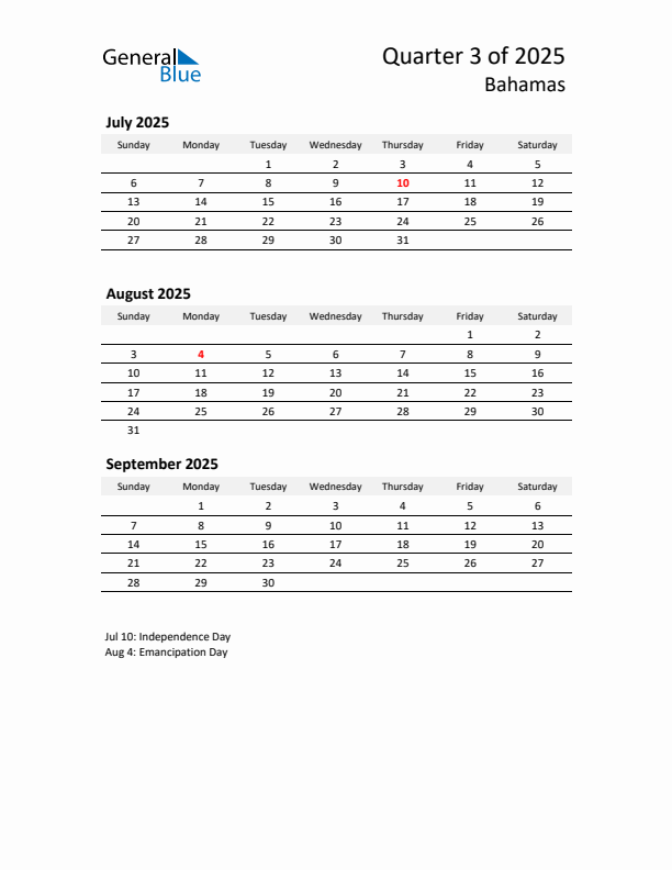 2025 Q3 Three-Month Calendar for Bahamas