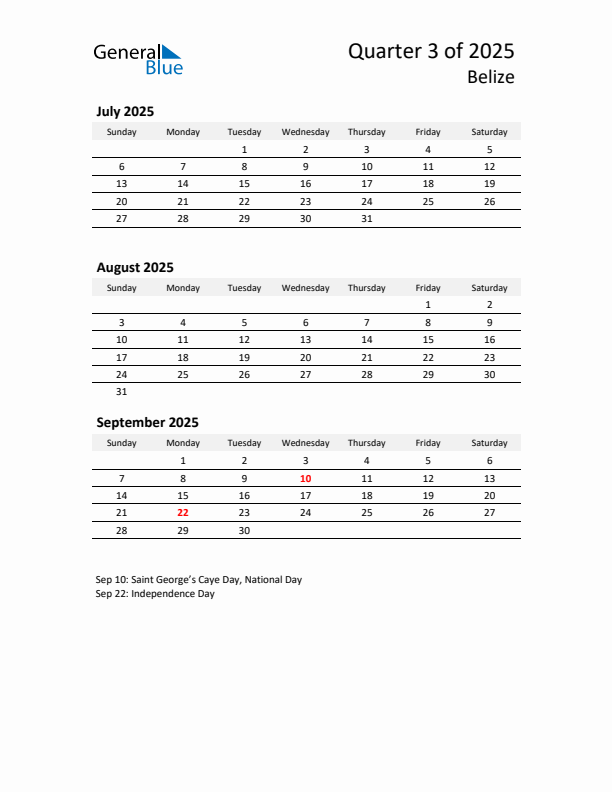 2025 Q3 Three-Month Calendar for Belize