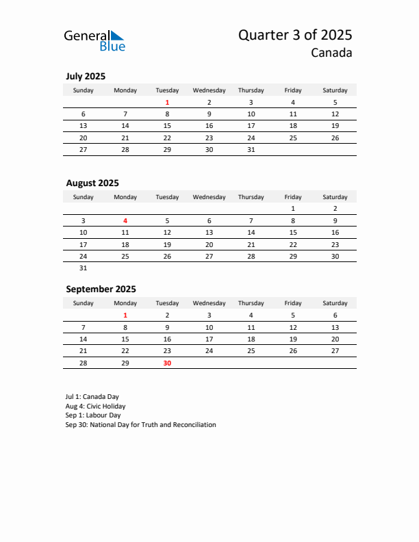 2025 Q3 Three-Month Calendar for Canada