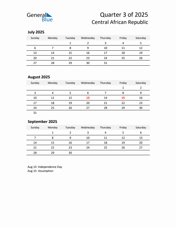 2025 Q3 Three-Month Calendar for Central African Republic