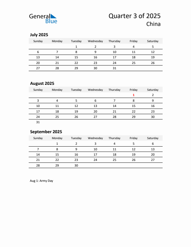 2025 Q3 Three-Month Calendar for China