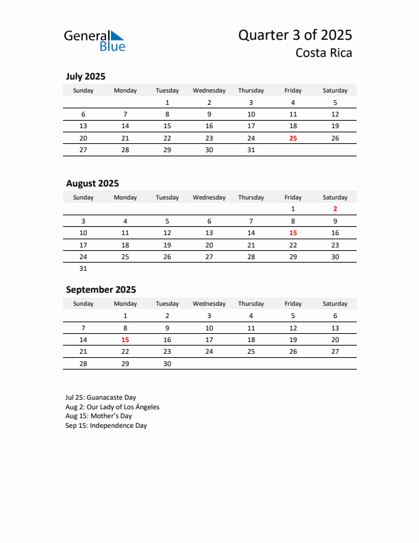 2025 Q3 Three-Month Calendar for Costa Rica