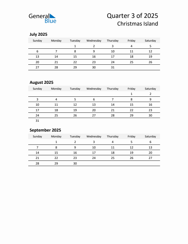 2025 Q3 Three-Month Calendar for Christmas Island