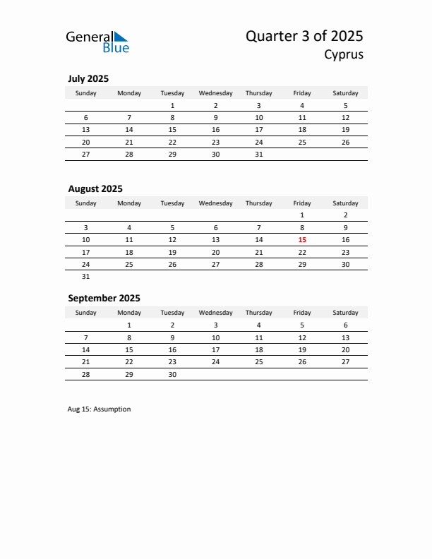 2025 Q3 Three-Month Calendar for Cyprus