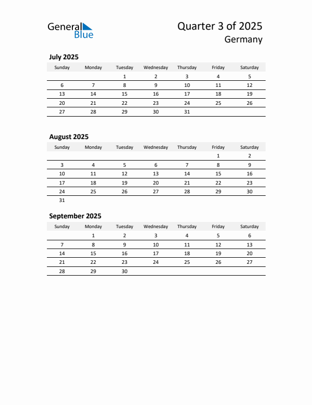 2025 Q3 Three-Month Calendar for Germany