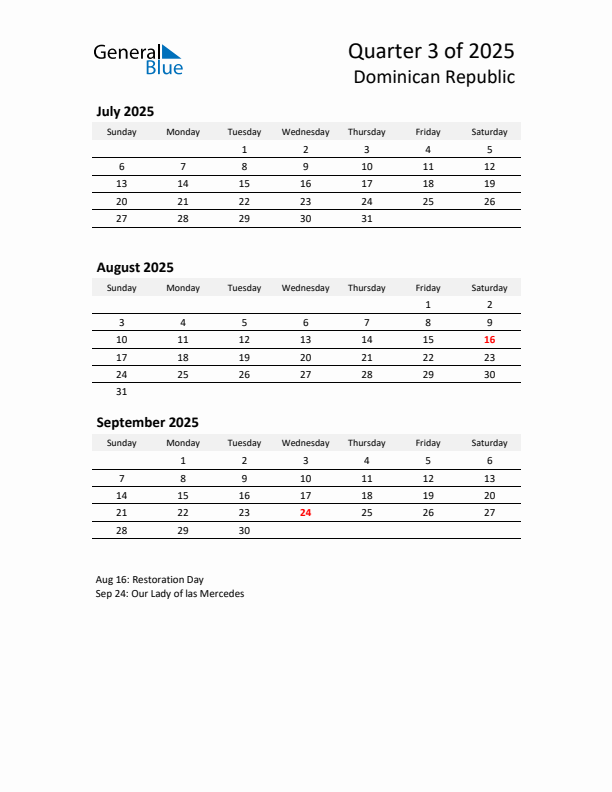 2025 Q3 Three-Month Calendar for Dominican Republic