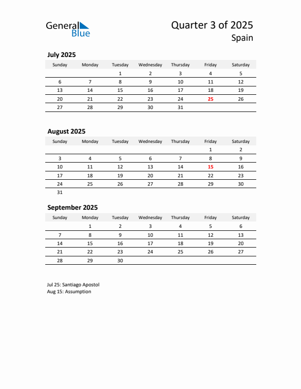 2025 Q3 Three-Month Calendar for Spain