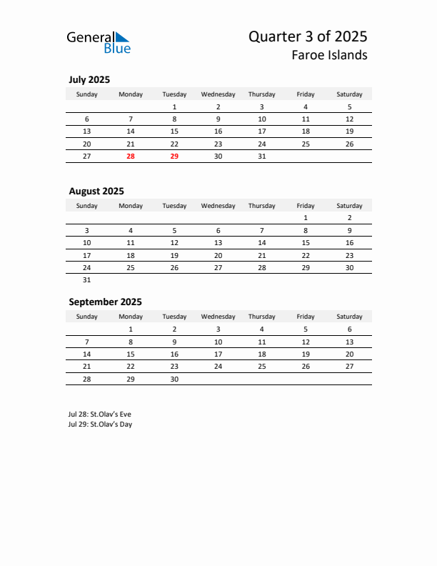 2025 Q3 Three-Month Calendar for Faroe Islands