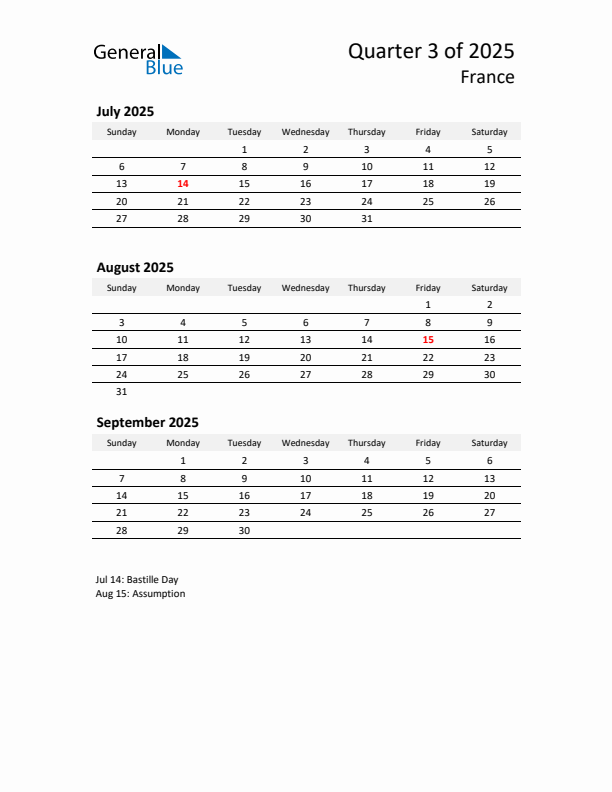 2025 Q3 Three-Month Calendar for France