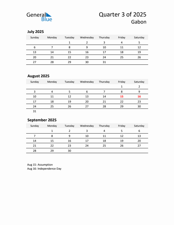 2025 Q3 Three-Month Calendar for Gabon