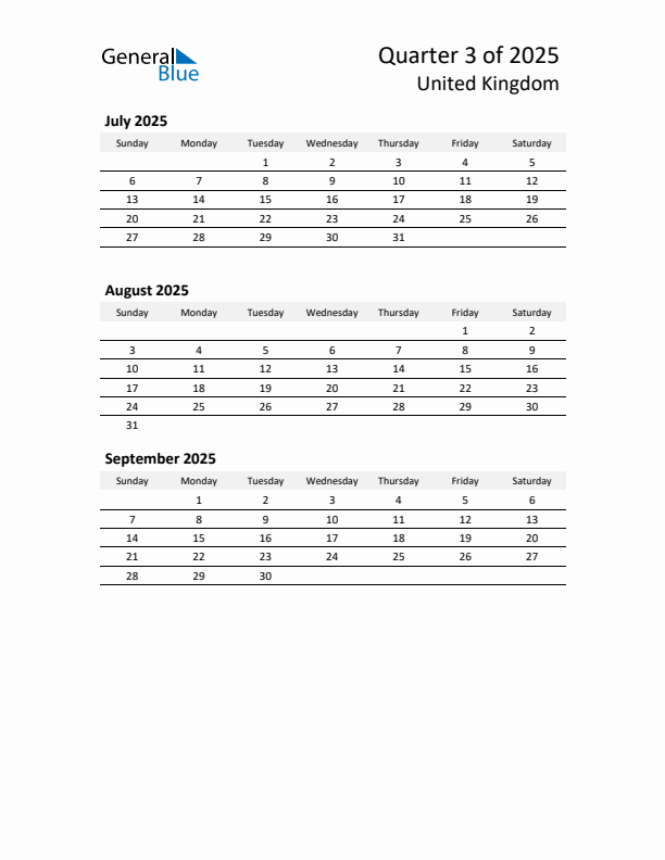 2025 Q3 Three-Month Calendar for United Kingdom