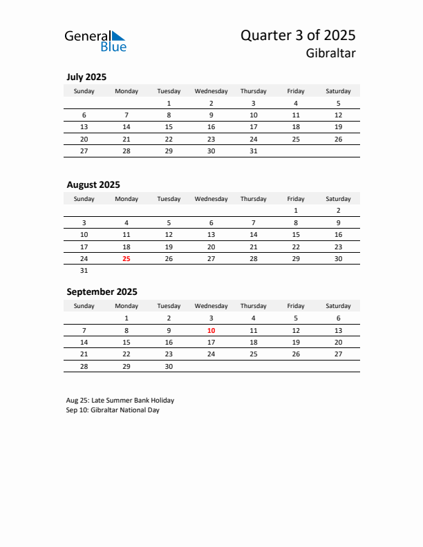 2025 Q3 Three-Month Calendar for Gibraltar