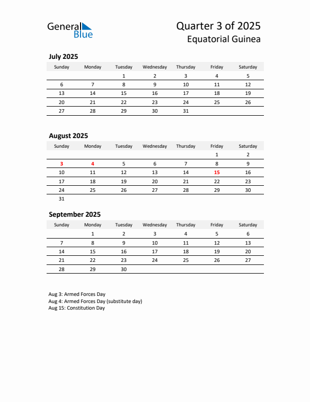 2025 Q3 Three-Month Calendar for Equatorial Guinea