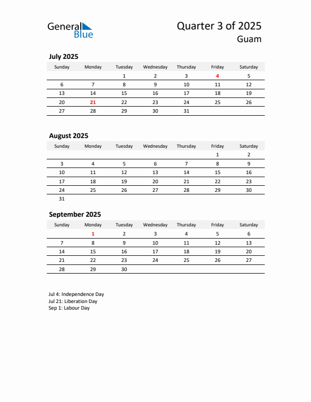 2025 Q3 Three-Month Calendar for Guam